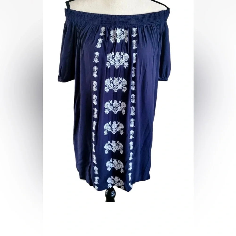 LOFT Dark Blue dress with White Embroidery - Picture 6 of 8
